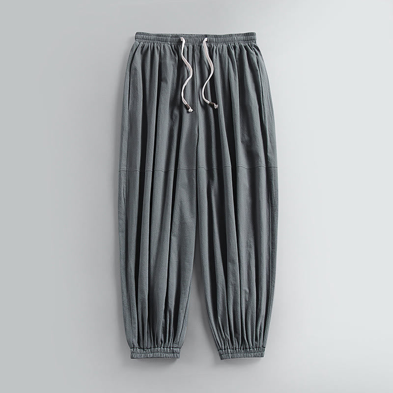 Nimara Ritual Plain Drawstring Tapered Ankle-Length Men's Cotton Linen Pants With Pockets