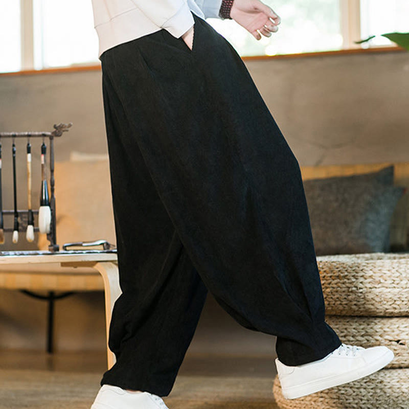 Nimara Ritual Retro Men's Plain Fleece-Lined Corduroy Simple Design Harem Pants With Pockets