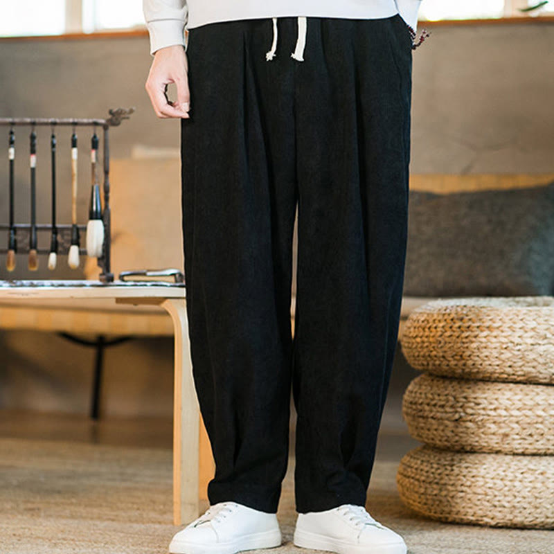 Nimara Ritual Retro Men's Plain Fleece-Lined Corduroy Simple Design Harem Pants With Pockets