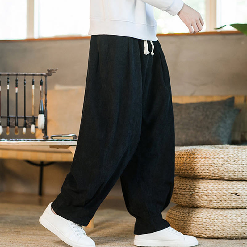 Nimara Ritual Retro Men's Plain Fleece-Lined Corduroy Simple Design Harem Pants With Pockets