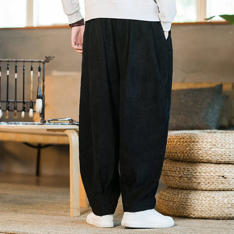 Nimara Ritual Retro Men's Plain Fleece-Lined Corduroy Simple Design Harem Pants With Pockets