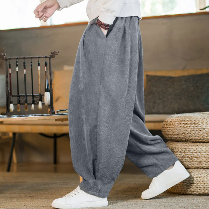 Nimara Ritual Retro Men's Plain Fleece-Lined Corduroy Simple Design Harem Pants With Pockets