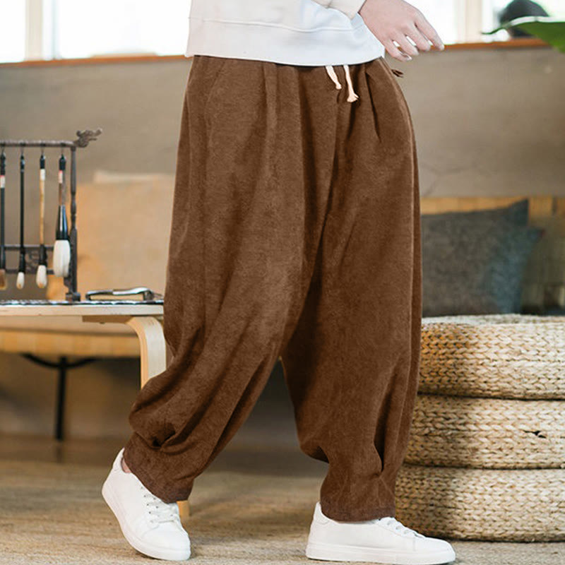 Nimara Ritual Retro Men's Plain Fleece-Lined Corduroy Simple Design Harem Pants With Pockets