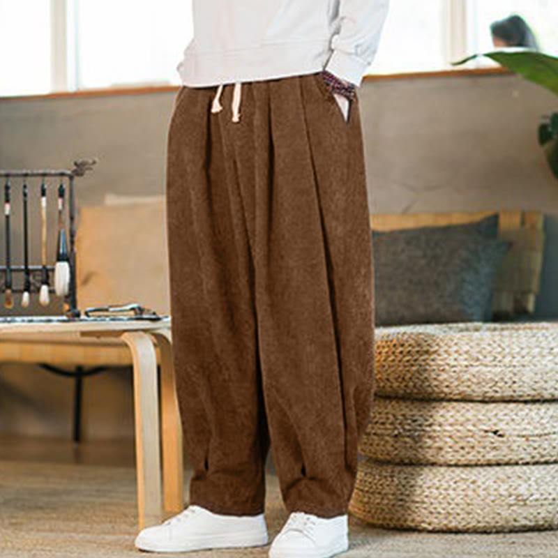 Nimara Ritual Retro Men's Plain Fleece-Lined Corduroy Simple Design Harem Pants With Pockets