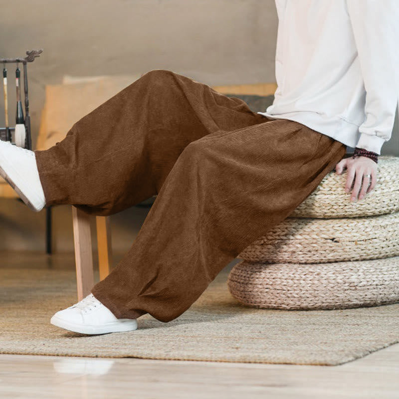Nimara Ritual Retro Men's Plain Fleece-Lined Corduroy Simple Design Harem Pants With Pockets