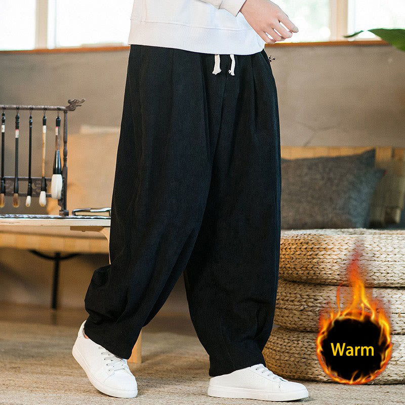Nimara Ritual Retro Men's Plain Fleece-Lined Corduroy Simple Design Harem Pants With Pockets
