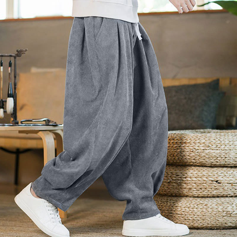 Nimara Ritual Retro Men's Plain Fleece-Lined Corduroy Simple Design Harem Pants With Pockets