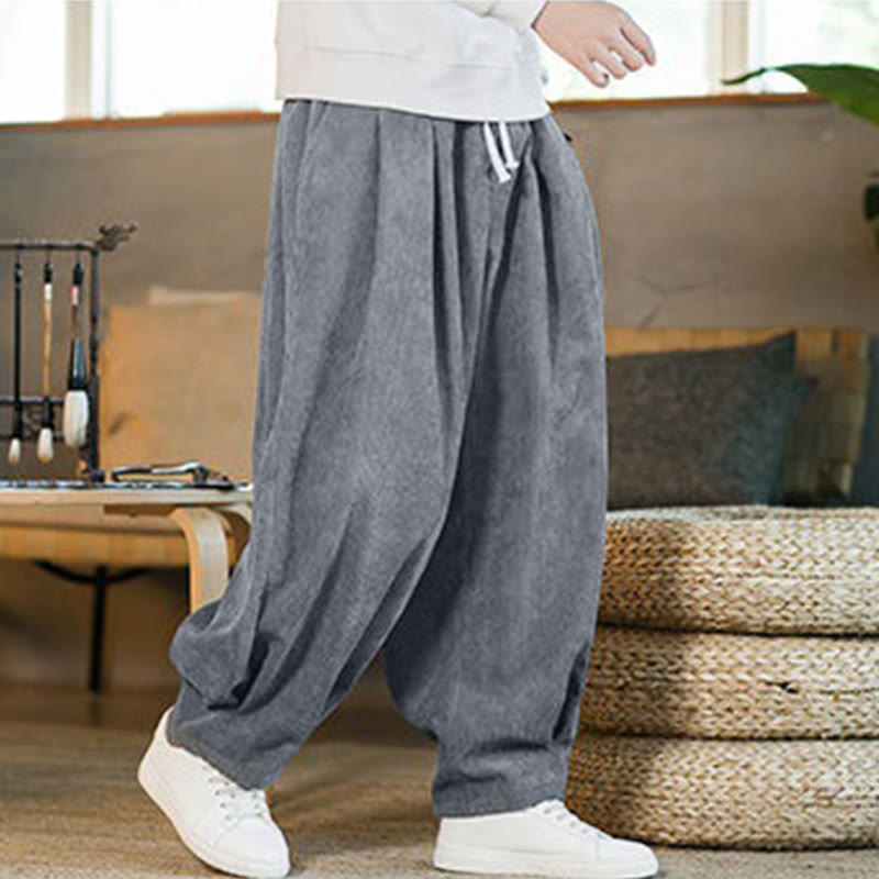 Nimara Ritual Retro Men's Plain Fleece-Lined Corduroy Simple Design Harem Pants With Pockets