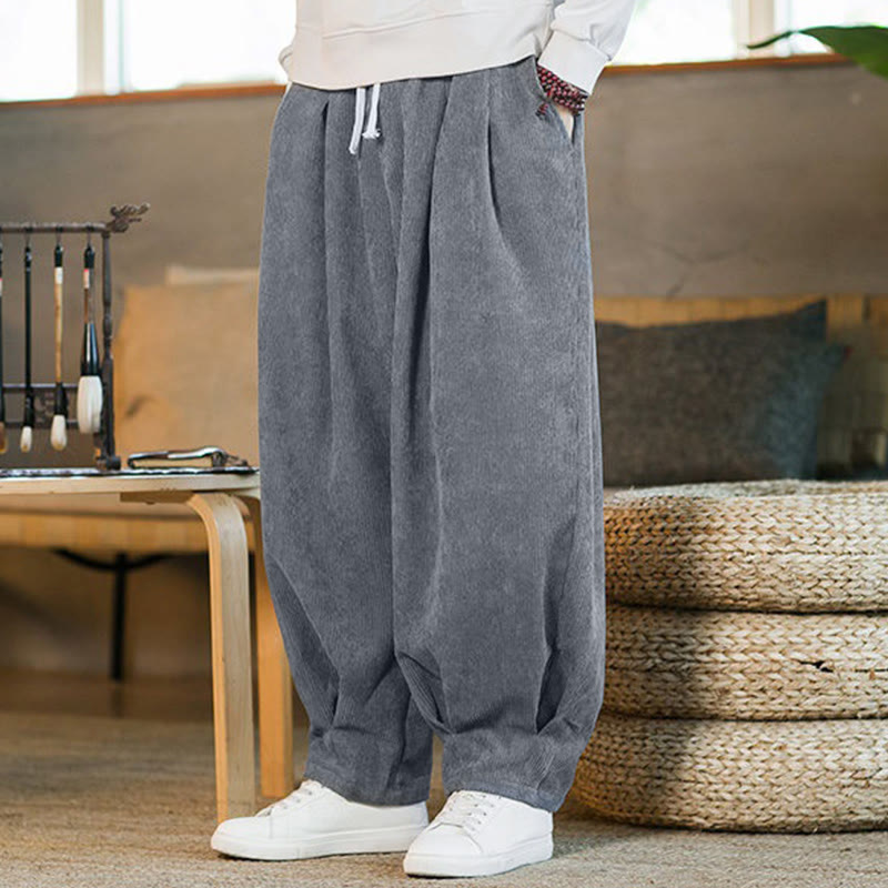 Nimara Ritual Retro Men's Plain Fleece-Lined Corduroy Simple Design Harem Pants With Pockets
