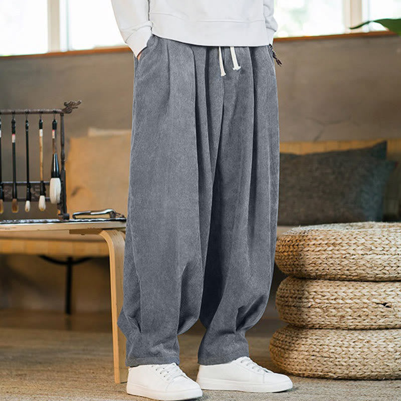 Nimara Ritual Retro Men's Plain Fleece-Lined Corduroy Simple Design Harem Pants With Pockets