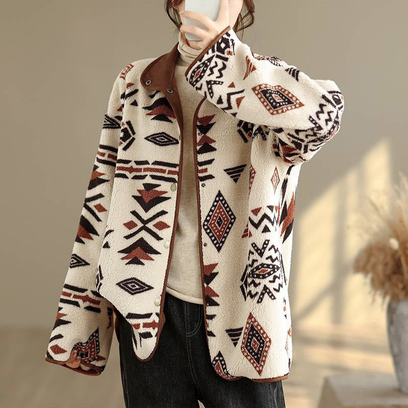 Nimara Ritual Fall Winter Buttons Geometric Patterns Long Sleeve Cotton Women's Jacket