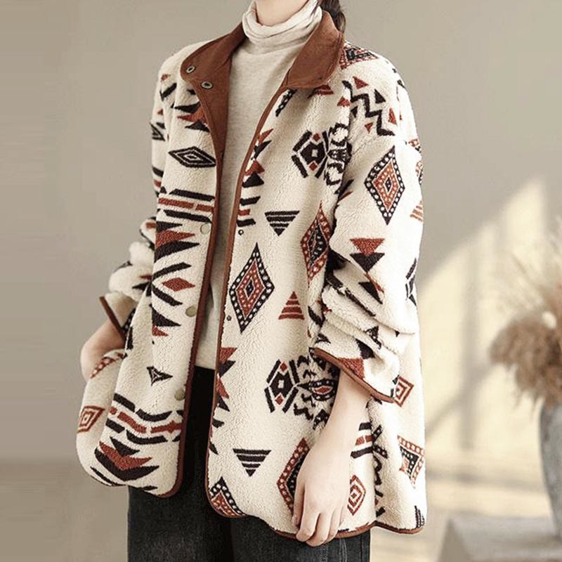 Nimara Ritual Fall Winter Buttons Geometric Patterns Long Sleeve Cotton Women's Jacket