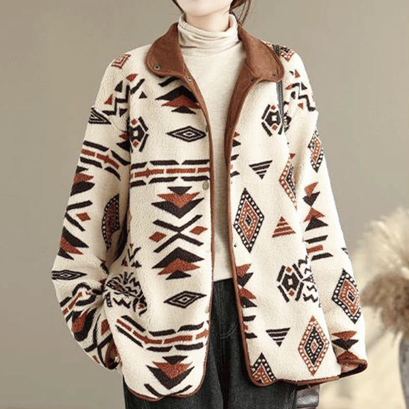 Nimara Ritual Fall Winter Buttons Geometric Patterns Long Sleeve Cotton Women's Jacket
