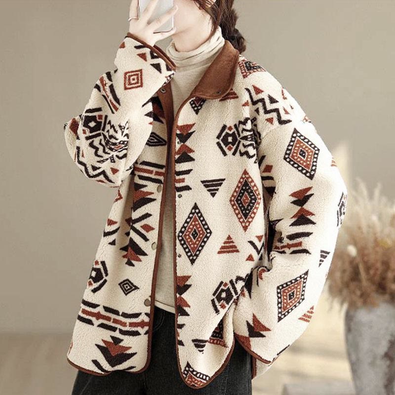 Nimara Ritual Fall Winter Buttons Geometric Patterns Long Sleeve Cotton Women's Jacket