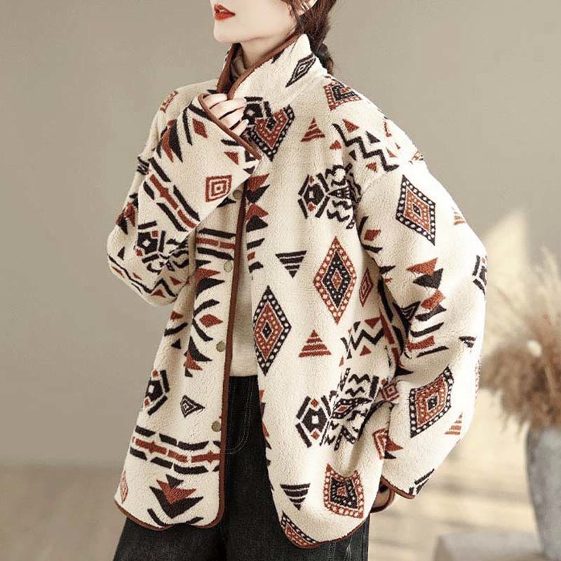 Nimara Ritual Fall Winter Buttons Geometric Patterns Long Sleeve Cotton Women's Jacket