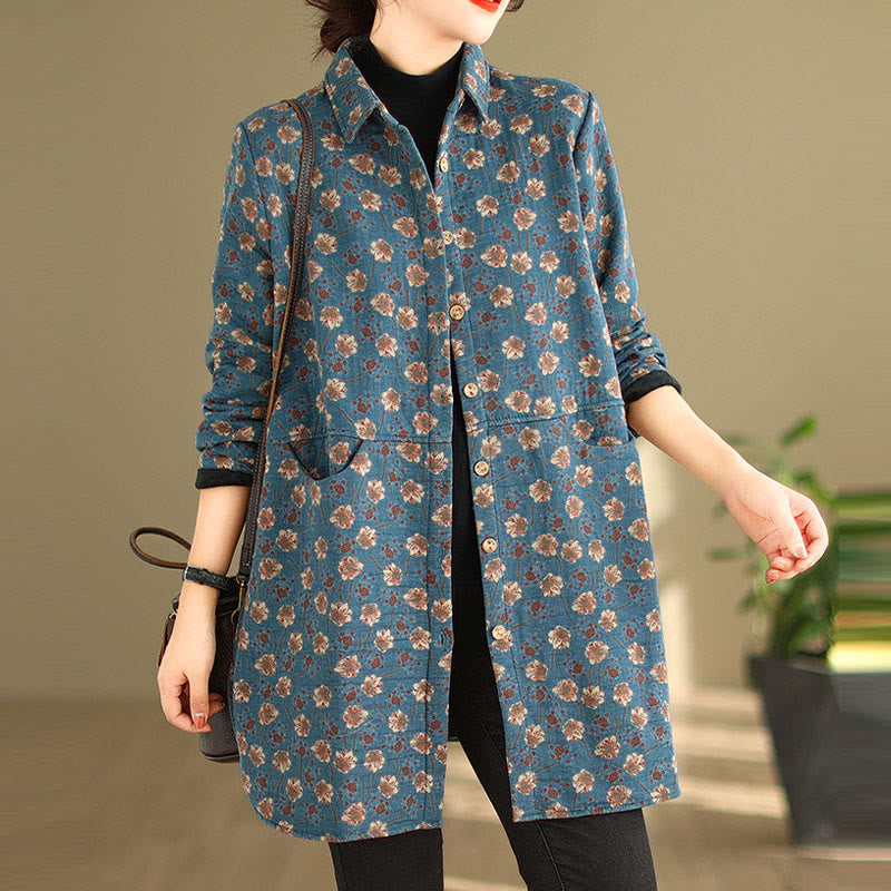 Nimara Ritual Fall Winter Buttons Flower Patterns Long Sleeve Cotton Women's Jacket With Pockets