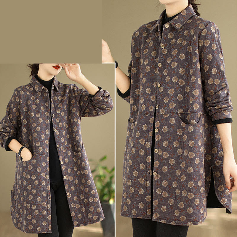 Nimara Ritual Fall Winter Buttons Flower Patterns Long Sleeve Cotton Women's Jacket With Pockets