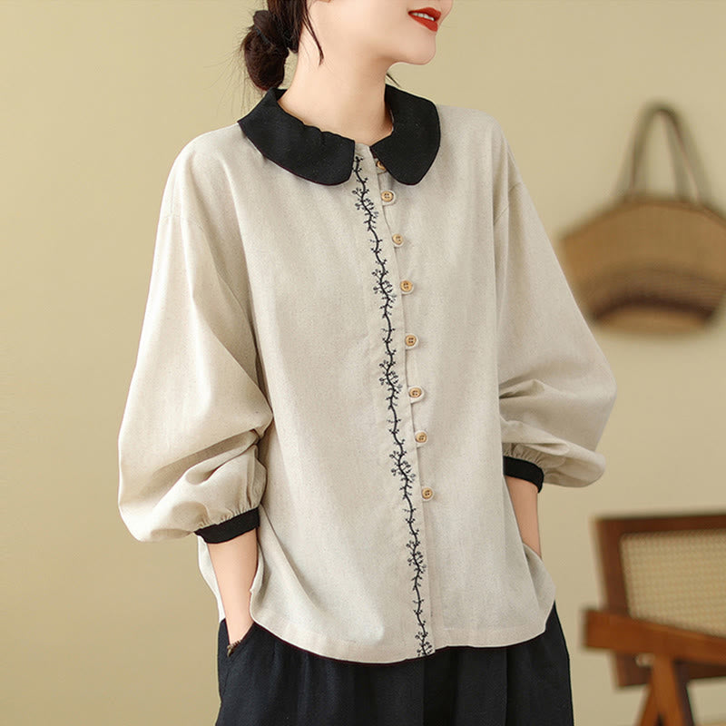 Nimara Ritual Spring Embroidery Buttons Design Women's Cotton Peter Pan Collar Long Sleeve Shirt