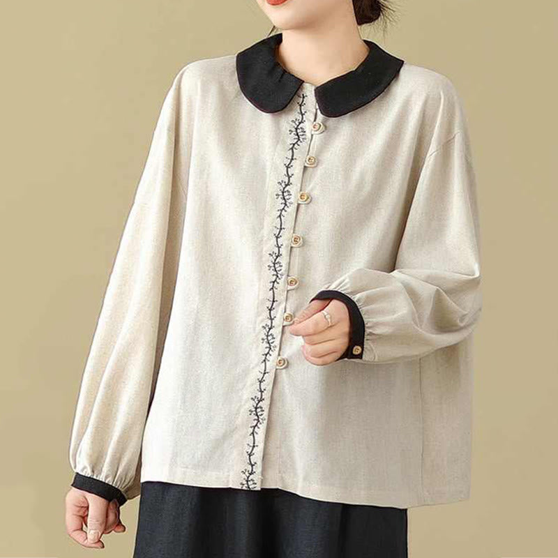 Nimara Ritual Spring Embroidery Buttons Design Women's Cotton Peter Pan Collar Long Sleeve Shirt