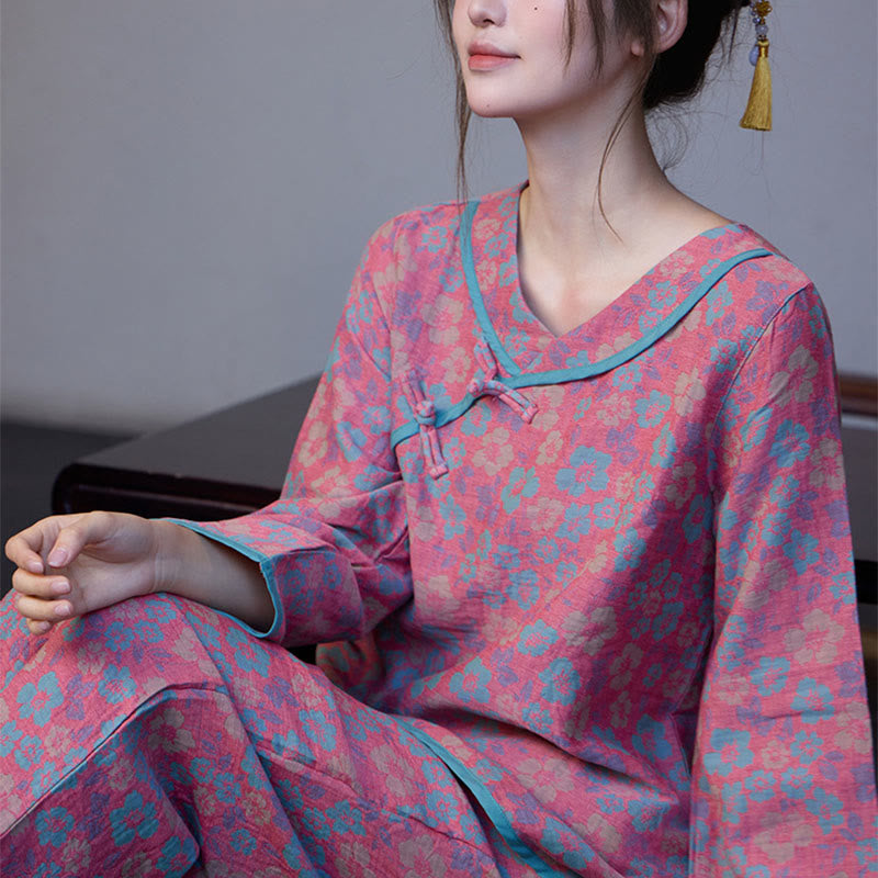 Nimara Ritual 2pcs Floral Pattern Frog-Button Long Sleeve Round Neck Shirt Pants Cotton Pajamas Set