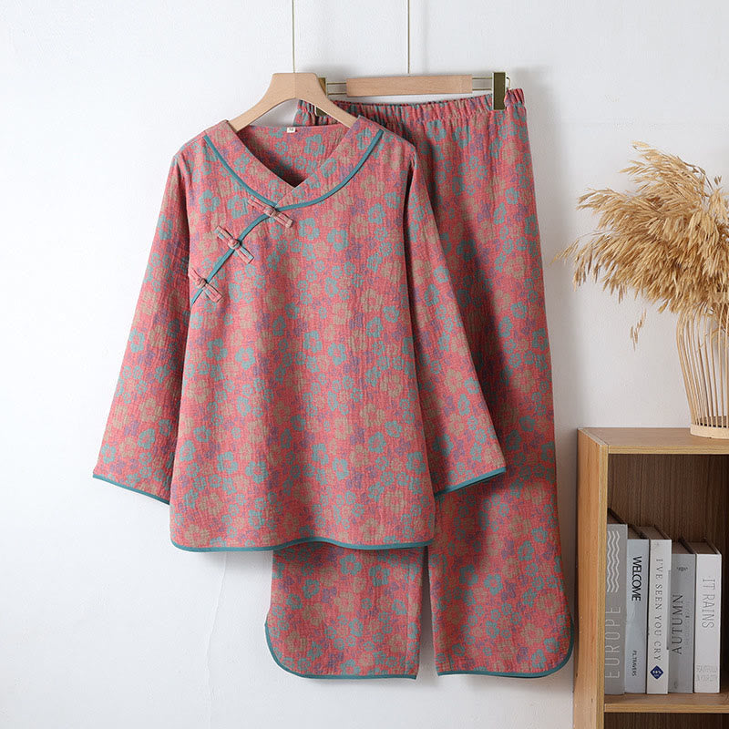 Nimara Ritual 2pcs Floral Pattern Frog-Button Long Sleeve Round Neck Shirt Pants Cotton Pajamas Set