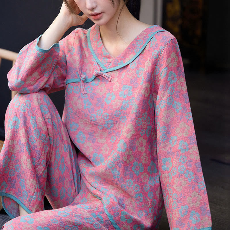 Nimara Ritual 2pcs Floral Pattern Frog-Button Long Sleeve Round Neck Shirt Pants Cotton Pajamas Set