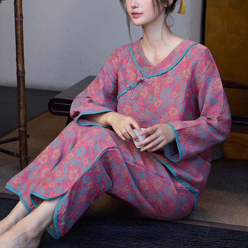 Nimara Ritual 2pcs Floral Pattern Frog-Button Long Sleeve Round Neck Shirt Pants Cotton Pajamas Set