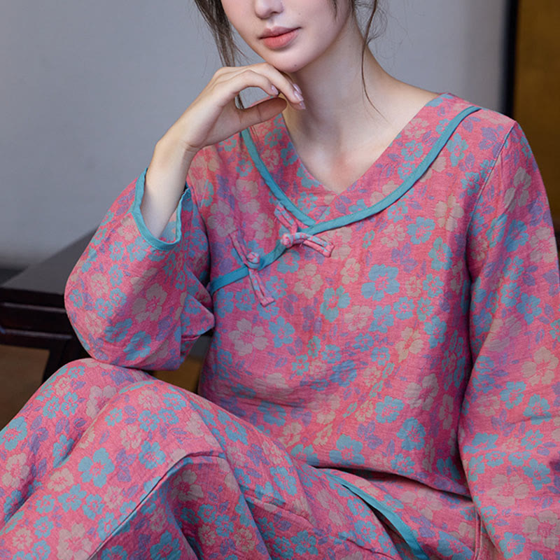 Nimara Ritual 2pcs Floral Pattern Frog-Button Long Sleeve Round Neck Shirt Pants Cotton Pajamas Set
