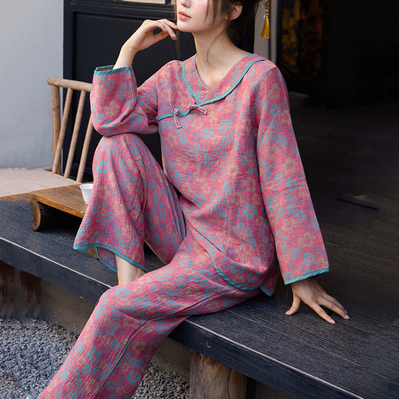 Nimara Ritual 2pcs Floral Pattern Frog-Button Long Sleeve Round Neck Shirt Pants Cotton Pajamas Set