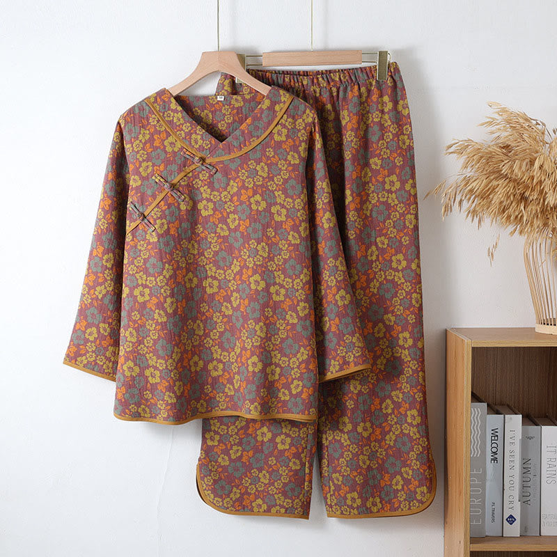 Nimara Ritual 2pcs Floral Pattern Frog-Button Long Sleeve Round Neck Shirt Pants Cotton Pajamas Set