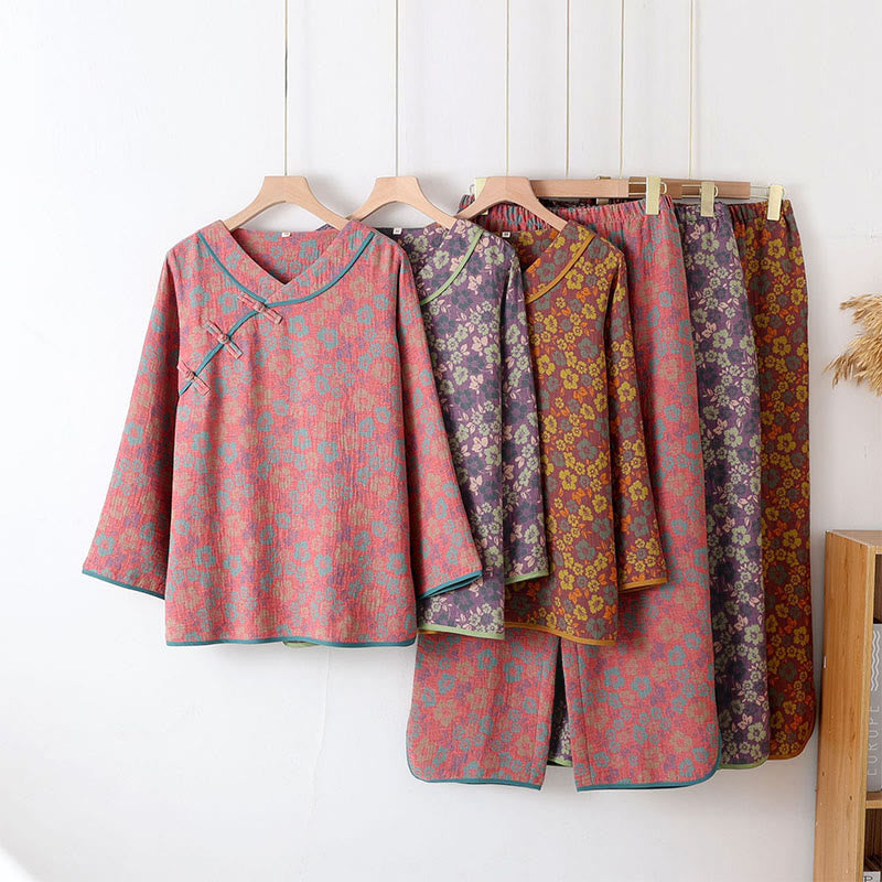 Nimara Ritual 2pcs Floral Pattern Frog-Button Long Sleeve Round Neck Shirt Pants Cotton Pajamas Set