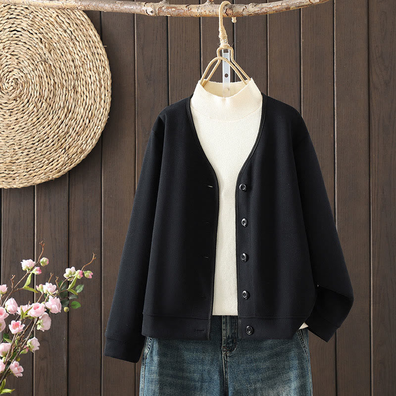 Nimara Ritual Simple Plain V-Neck Buttons Down Design Women's Cotton Long Sleeve Jacket
