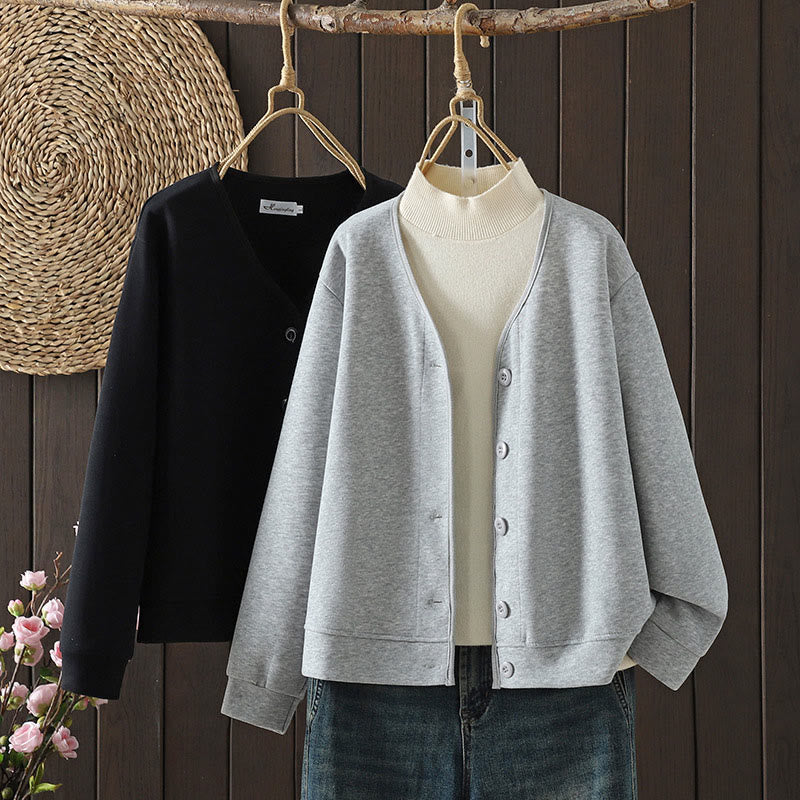 Nimara Ritual Simple Plain V-Neck Buttons Down Design Women's Cotton Long Sleeve Jacket