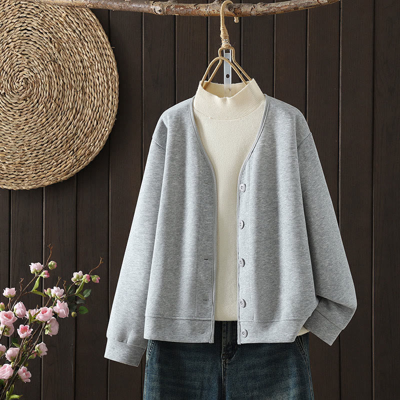 Nimara Ritual Simple Plain V-Neck Buttons Down Design Women's Cotton Long Sleeve Jacket