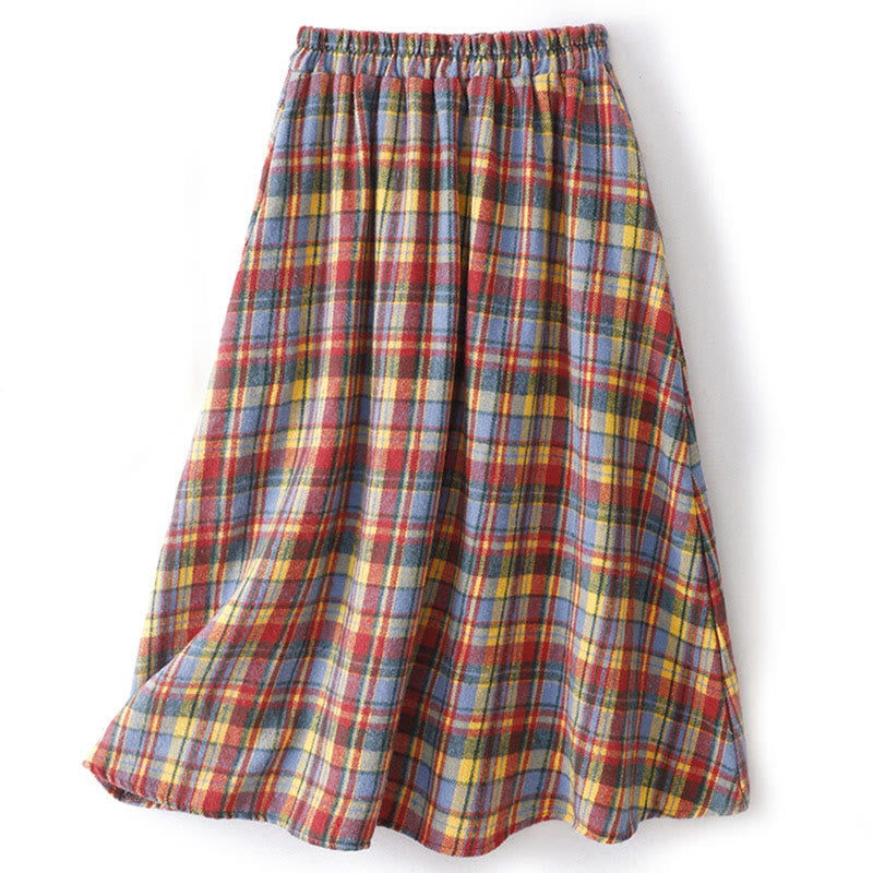 Nimara Ritual Fall Winter Women's Plaid Pattern Cotton Skirt With Pockets
