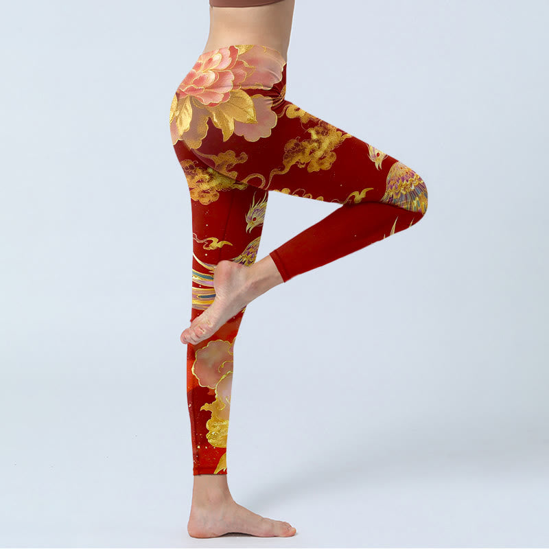 Nimara Ritual Gorgeous Phoenix Peony Cloud Pattern Print Gym Leggings Women's Yoga Pants