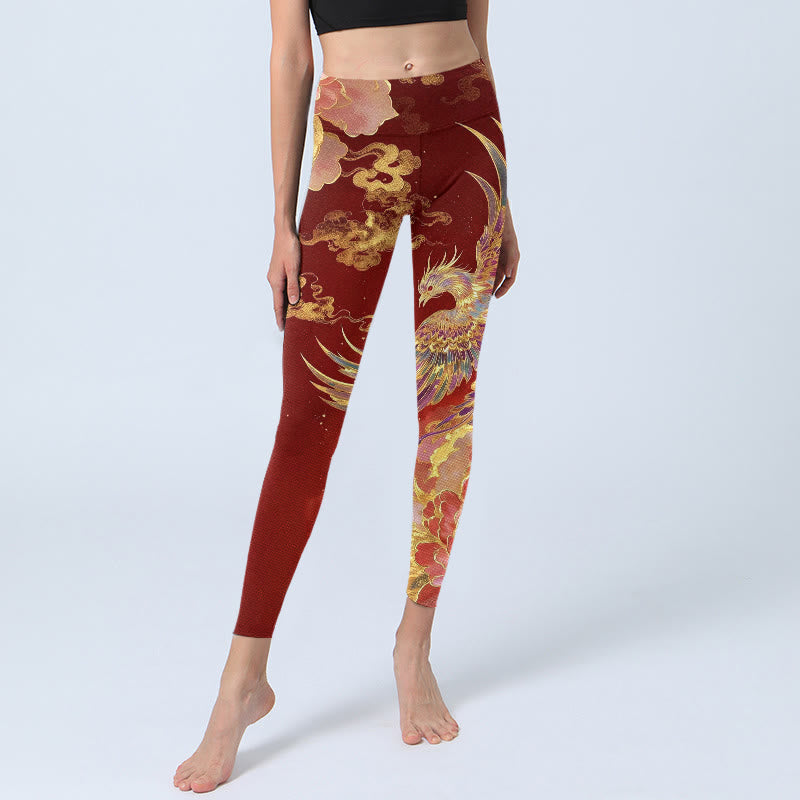 Nimara Ritual Gorgeous Phoenix Peony Cloud Pattern Print Gym Leggings Women's Yoga Pants