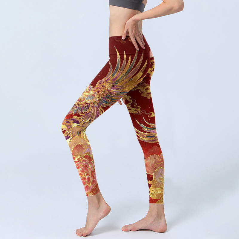 Nimara Ritual Gorgeous Phoenix Peony Cloud Pattern Print Gym Leggings Women's Yoga Pants