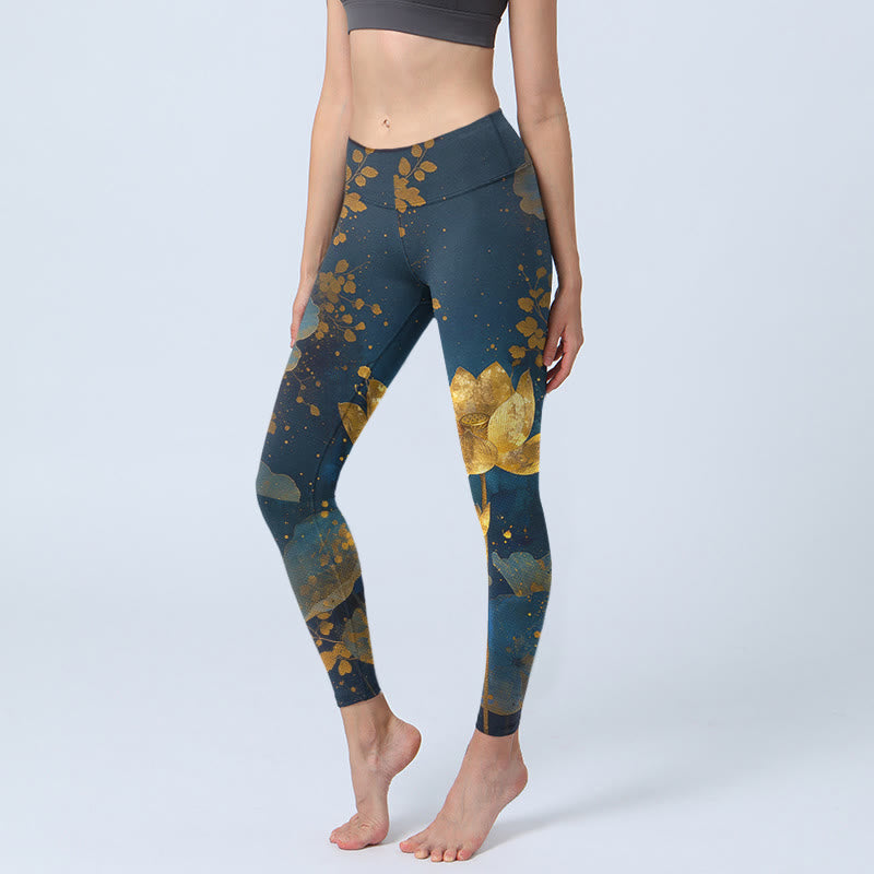 Nimara Ritual Elegant Dignified Lotus Flower Leaf Spot Pattern Print Gym Leggings Women's Yoga Pants