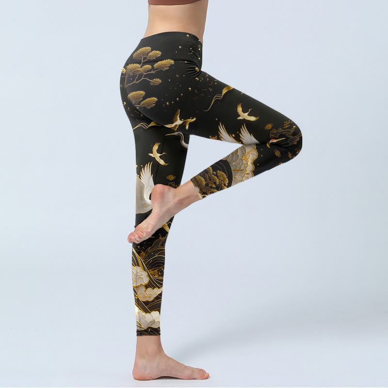 Nimara Ritual Crane Cloud Waves Pine Tree Pattern With Delicate Lines Print Gym Leggings Women's Yoga Pants