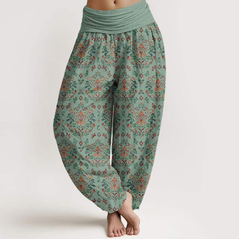 Nimara Ritual Pure Cotton Retro Symmetrical Flower Leaf Pattern Women's Elastic Waist Harem Pants