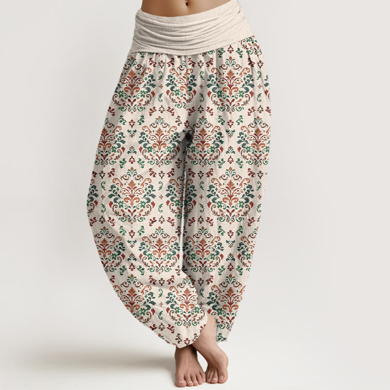 Nimara Ritual Pure Cotton Retro Symmetrical Flower Leaf Pattern Women's Elastic Waist Harem Pants