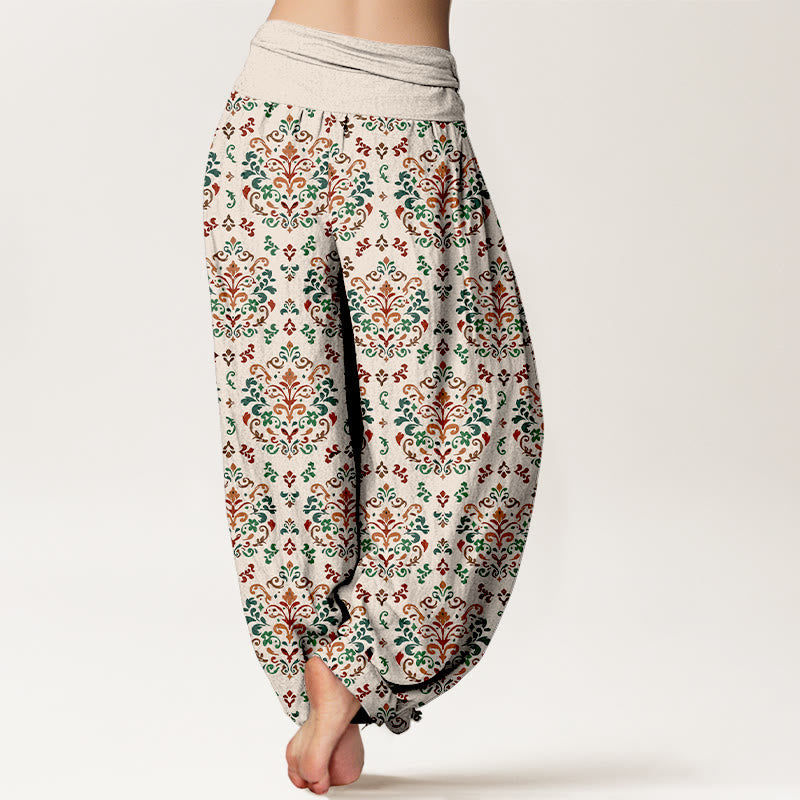 Nimara Ritual Pure Cotton Retro Symmetrical Flower Leaf Pattern Women's Elastic Waist Harem Pants