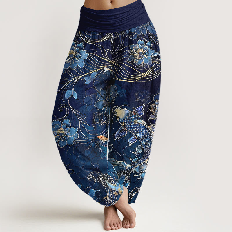 Nimara Ritual Pure Cotton Dreamlike Koi Fish Peony Curve Pattern Women's Elastic Waist Harem Pants