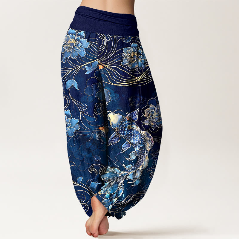 Nimara Ritual Pure Cotton Dreamlike Koi Fish Peony Curve Pattern Women's Elastic Waist Harem Pants