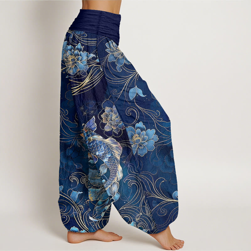 Nimara Ritual Pure Cotton Dreamlike Koi Fish Peony Curve Pattern Women's Elastic Waist Harem Pants