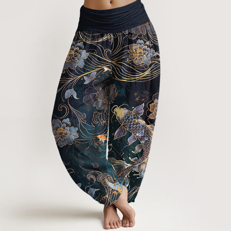 Nimara Ritual Pure Cotton Dreamlike Koi Fish Peony Curve Pattern Women's Elastic Waist Harem Pants