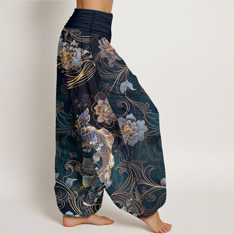 Nimara Ritual Pure Cotton Dreamlike Koi Fish Peony Curve Pattern Women's Elastic Waist Harem Pants