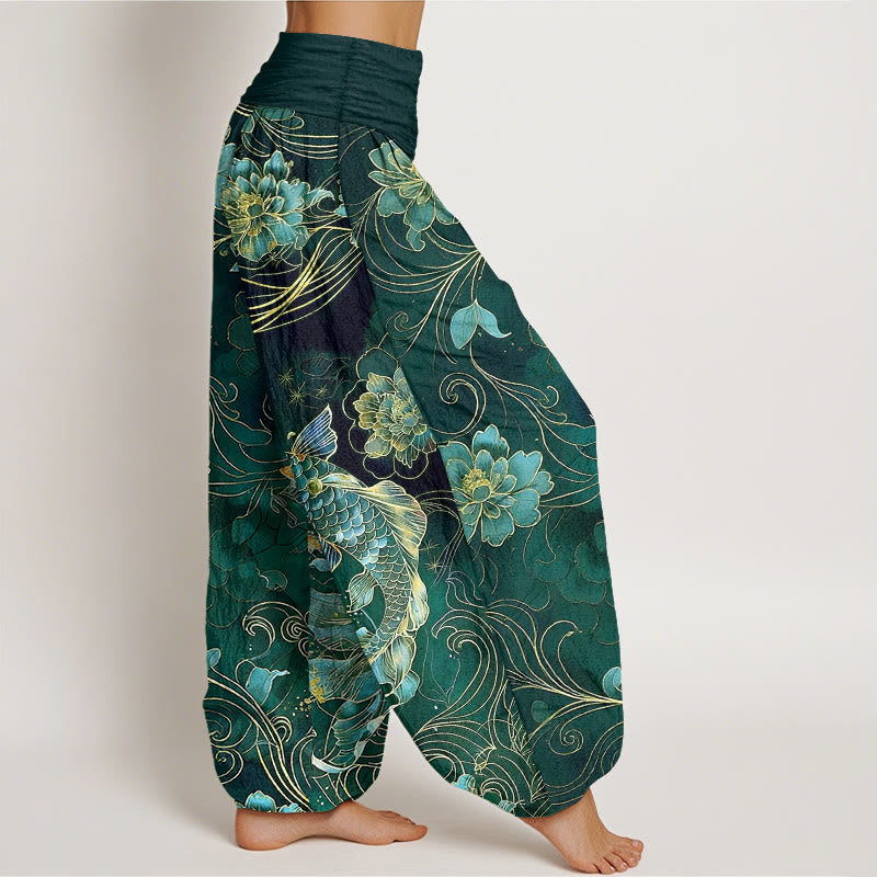 Nimara Ritual Pure Cotton Dreamlike Koi Fish Peony Curve Pattern Women's Elastic Waist Harem Pants