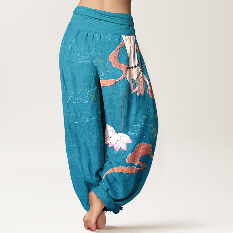 Nimara Ritual Pure Cotton Lotus Flower Flowing Ribbons Hand Wearing Prayer Beads Clouds Pattern Women's Elastic Waist Harem Pants